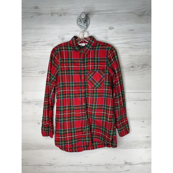 Old Navy Tops - Old Navy Womens Red Tartan Plaid The Tunic Flannel Shirt Small Long Sleeve 7059